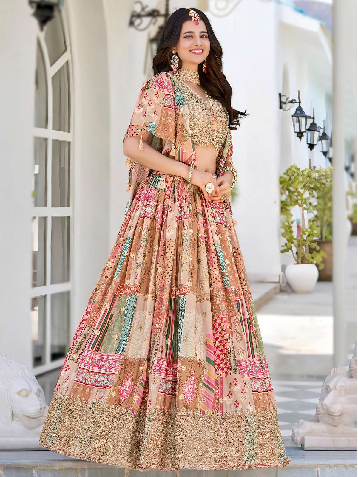  Beige Multicolor Chinnon silk Heritage and flower Print on Lehenga Choli reseller in surat 7050 Beige